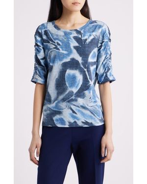 Anne Klein Print Ruched Elbow Sleeve Top - Blue