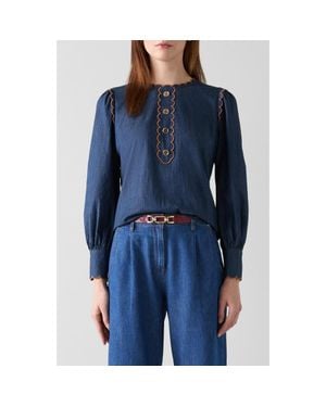 LK Bennett Jenny Scallop Denim Top - Blue