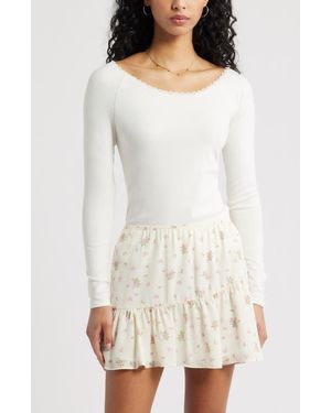 BP. Lace Trim Long Sleeve Top - White