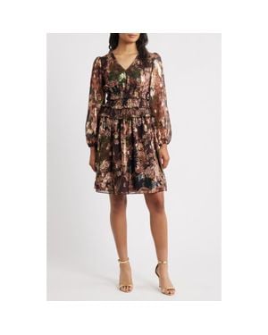 Eliza J Petite Lurex Long Sleeve Dress - Brown