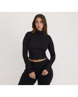 Organic Basics Core Rib Mock Neck Long Sleeve Tee - Black