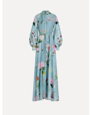 Oscar de la Renta Mixed Botanical Silk Twill Caftan - Blue
