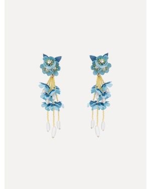 Oscar de la Renta Beaded Flower Drop Clip-On Earrings - Blue