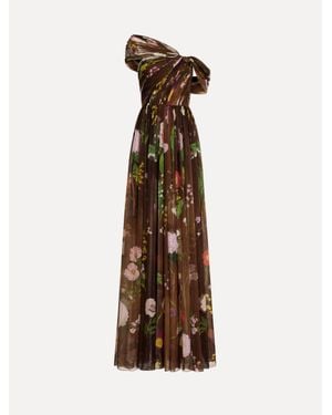 Oscar de la Renta Mixed Botanical Silk Chiffon Gown - Natural