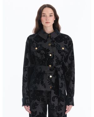 Oscar de la Renta Chrysanthemum Flocked Denim Jacket - Black