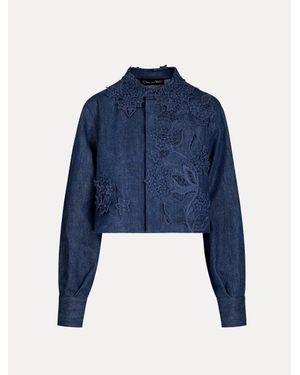 Oscar de la Renta Porcelain Flower Cutout Denim Jacket - Blue