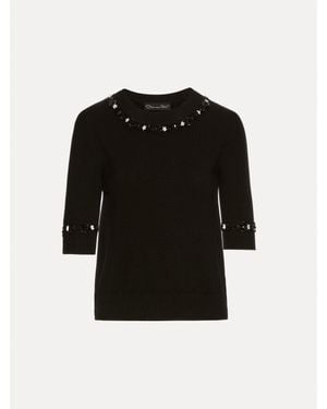 Oscar de la Renta Sequin Floret Trim Pullover - Black