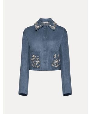 Oscar de la Renta Crystal Embroidered Suede Jacket - Blue