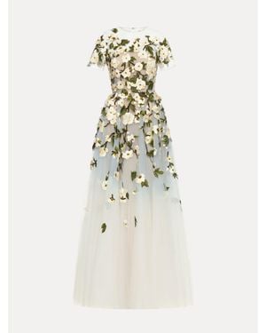 Oscar de la Renta Ombr Cherry Blossom Illusion Tulle Gown - White