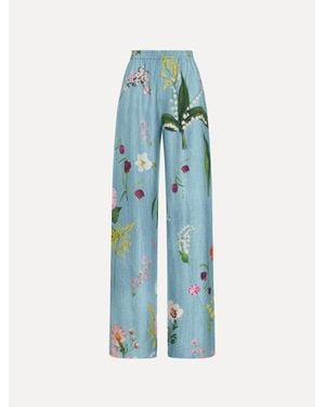 Oscar de la Renta Mixed Botanical Silk Twill Pant - Blue