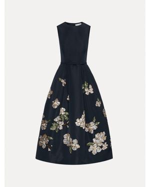 Oscar de la Renta Floral Sequin Embroidered Faille Dress - Blue