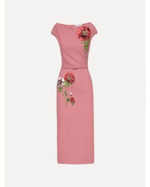 Oscar de la Renta Peony Embroidered Wool Dress - Pink