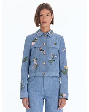 Oscar de la Renta Floral Embroidered Denim Jacket - Blue