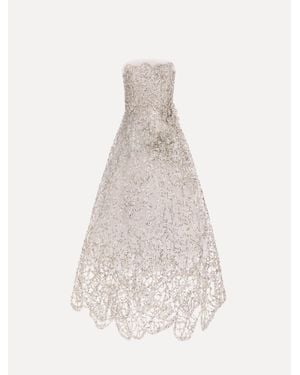 Oscar de la Renta Crystal Leaves Embroidered Gown - White