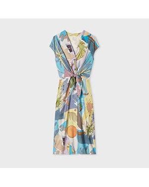 Paul Smith Tie Front Pastel 'River Collage' Midi Dress - Blue