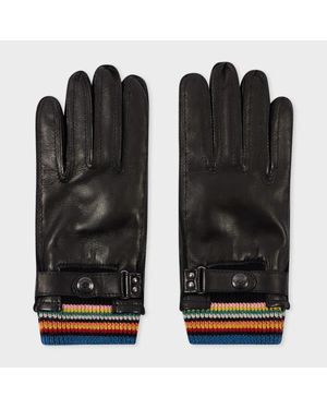 Paul Smith Leather 'Signature Stripe' Cuff Gloves - Black