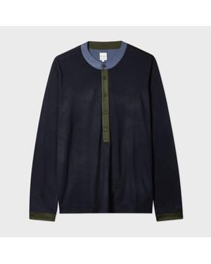 Paul Smith Merino Wool Contrast-Collar Henley Top - Blue