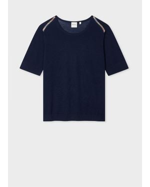 Paul Smith Silk-Wool Blend 'Signature Stripe' Trim Knitted Top - Blue