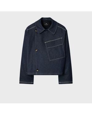 Paul Smith Denim Cotton-Blend Cropped Asymmetric Jacket With Topstitching - Blue
