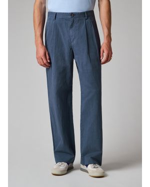Paul Smith Washed Cotton-Linen Double Pleat Trousers - Blue