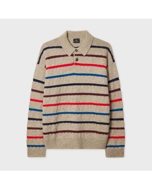 Paul Smith Light Tan Striped Knitted Polo Shirt - White
