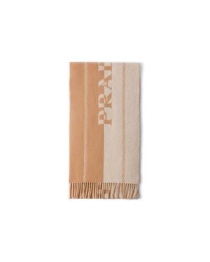 Prada Small Wool Scarf With Jacquard Logo - Natural