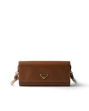 Prada Leather Wallet With Shoulder Strap, Cognac - Brown