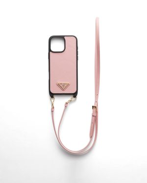 Prada Iphone-16-Pro-Max-Hülle Aus Saffiano-Leder Mit Schulterriemen, Damen - Pink