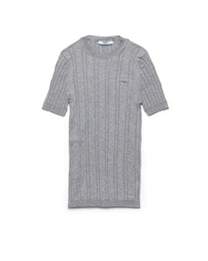 Prada Short-Sleeved Ribbed Knit Cotton Jumper - Grey