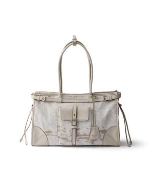 Prada Bonnie Large Printed Linen And Leather Handbag - Grey
