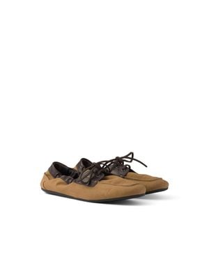 Prada Shuffle Aged Canvas And Leather Boat Shoes, Size 5,5 - White