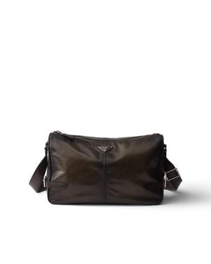 Prada Antiqued Leather Zipper Shoulder Bag - Grey