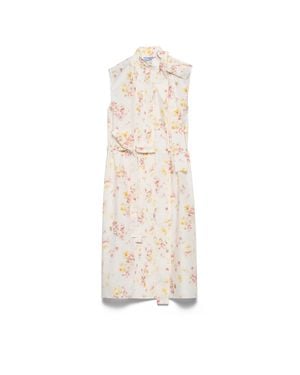 Prada Pleated Floral-Print Poplin Dress - White