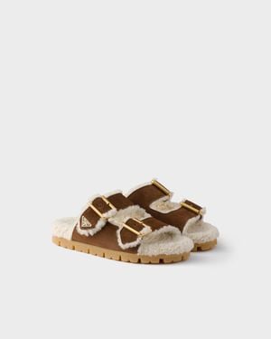 Prada Slipper Aus Wildleder Und Lammfell - Natur