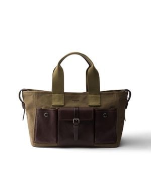 Prada Route Large Canvas And Leather Tote Bag - Brown