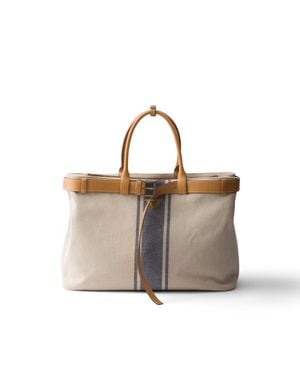 Prada Buckle Canvas And Leather Bag, /Baltic - Natural