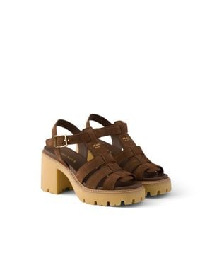 Prada High-Heeled Suede Platform Sandals, Cocoa, Size 35 - Brown