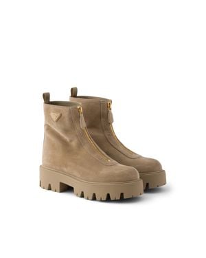 Prada Suede Booties With Zip - Natural