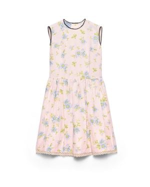 Prada Pleated Floral Print Linen Dress, Alabaster - Pink