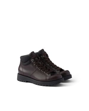 Prada Lace-Up Leather And Re-Nylon Booties, Ebony - Black