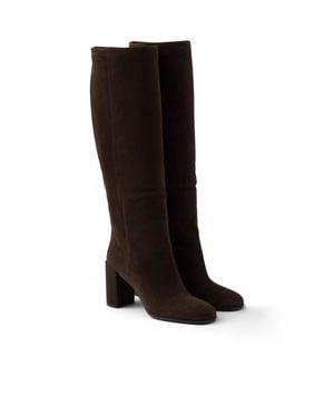 Prada Heeled Suede Boots - Black