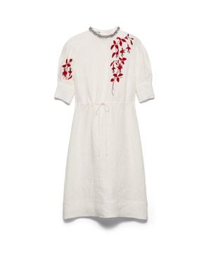 Prada Embroidered Slubbed Fabric Dress - White