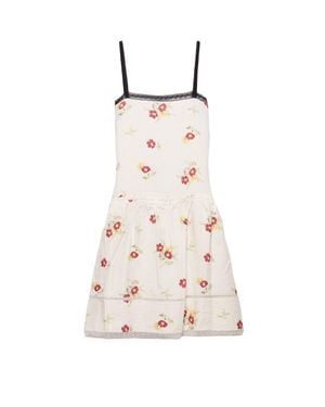 Prada Embroidered Linen Mini-Dress With Floral Motif, Ruby - White