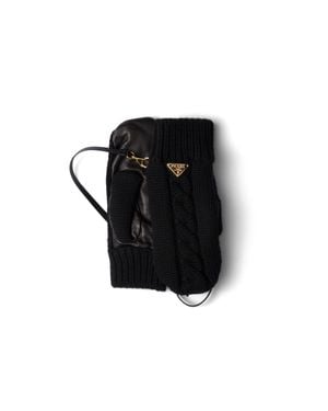 Prada Wool And Nappa Leather Mittens, Size 7 - Black