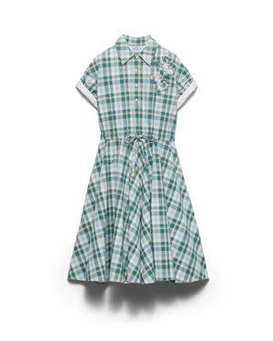 Prada Embroidered Checked Cotton Dress, Natural - Blue