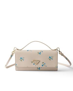 Prada Printed Saffiano Leather Wallet With Shoulder Strap - Natural