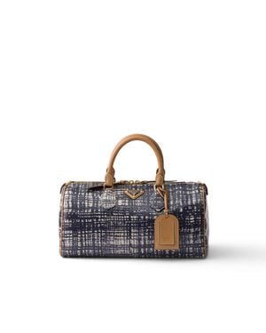Prada Medium Linen Blend And Leather Top-Handle Bag, Baltic - Blue