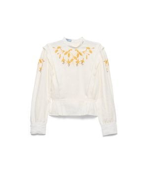 Prada Embroidered Slubbed Fabric Top - White