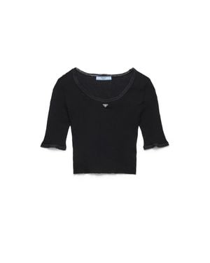 Prada Cropped Ribbed Cotton T-Shirt - Black
