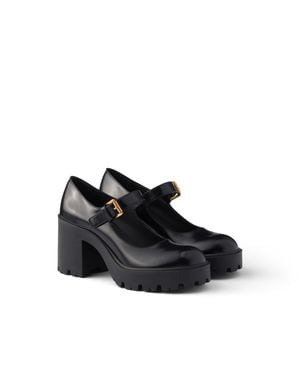 Prada Stride Brushed Leather Court Shoes - Black